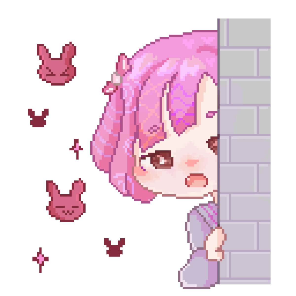 A girl with short and twintail pink hair, brown eye, in school uniform, peeking from a wall